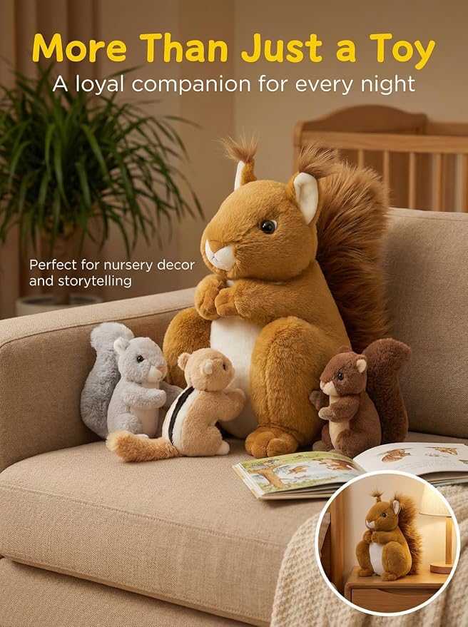 MaoGoLan 4Pcs Squirrel Plush Toys with 3 Baby Squirrels, Realistic Mother Squirrel Stuffed Animal Set, Soft Brown Woodland Animal Plushie Gift for Kids, Girls, Boys & Forest Animal Lovers