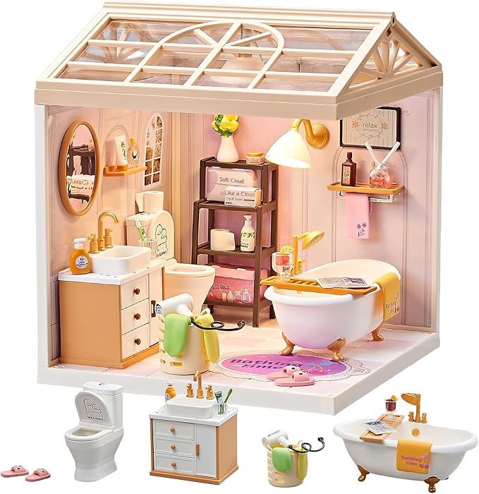 DIY Miniature Bathroom Kit with 101Pcs, 1:24 Scale Dollhouse Furniture with LED Light, Realistic Accessories & Connectable Base for Adults & Kids 8+