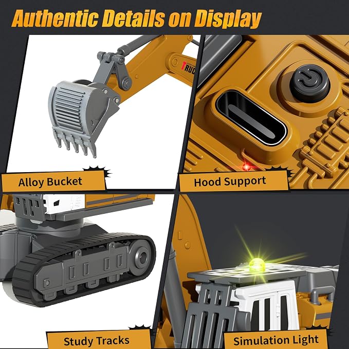 1:64 Remote Control Mini Excavator Toy, 2.4GHz RC Excavator with 11-Channels, 330° Rotation, Type-C Charging, LED Light & Music, Includes 4 Road Barriers, Construction Vehicle Gift for Kids & Adults