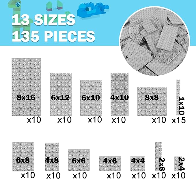MALEKO 135 Pieces Classic Base Plates Multipack, 13 Sizes Small Baseplates for Building Bricks, Flat Boards Compatible with Major Brands Blocks, Light Grey