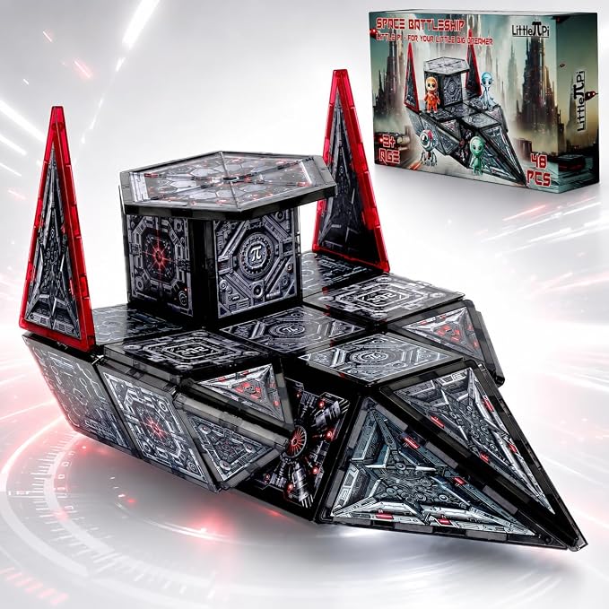 Little Pi Space Battleship Magnetic Tiles 48 PCS | Magnetic Blocks for Star Inspired Galactic Building | STEM Toys for Kids Age 3 4 5 6 7 8