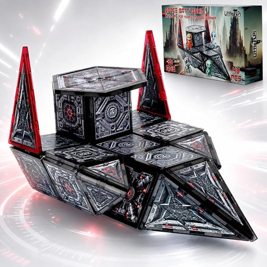 Little Pi Space Battleship Magnetic Tiles 48 PCS | Magnetic Blocks for Star Inspired Galactic Building | STEM Toys for Kids Age 3 4 5 6 7 8