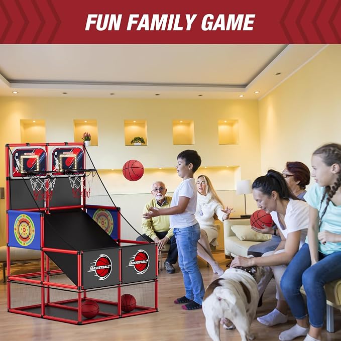 HYES 2 in 1 Dual Shot Basketball Arcade Game with 2 Dart Boards/Electronic Scoreboard/LED Light, Kids Basketball Hoop for Home Indoor Outdoor, Sport Toys for Boys Girls