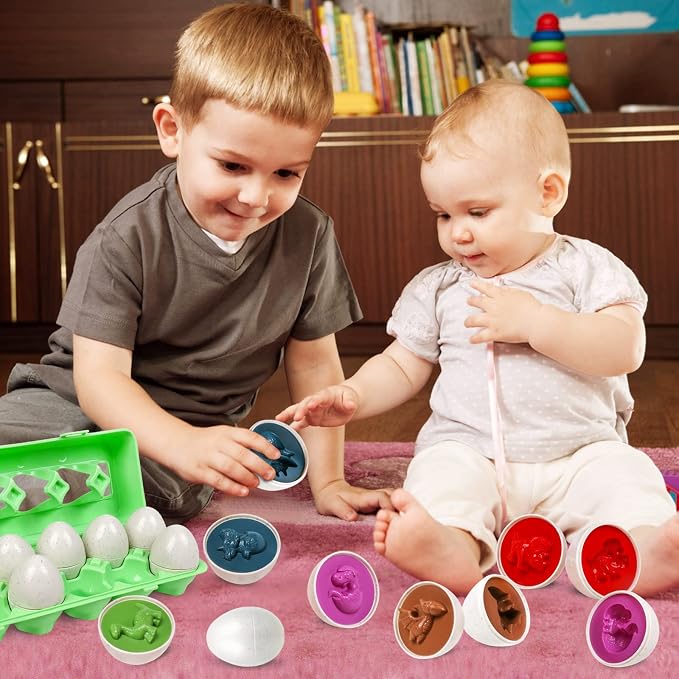 Easter Egg Toy for Toddlers - 12 Pcs Dinosaur Matching Eggs, Educational Gift for 1-3 Year Old Kids, Color & Shape Recognition Fine Motor Skill Montessori Puzzle