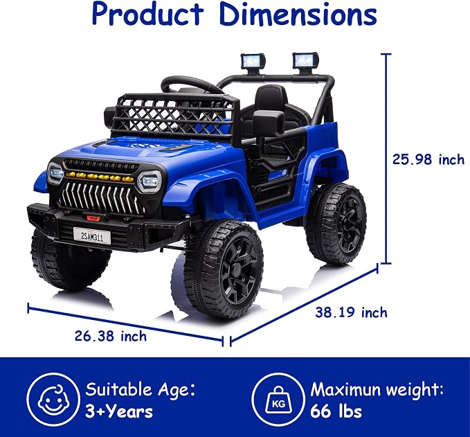 GarveeLife 12V Kids Ride On Truck Electric Vehicle Battery Powered Car Toddles Ride On Toy for Boys Girls with Remote Control, 4-Wheel Suspension, Battery Display, Led Lights, Music, Navy Blue