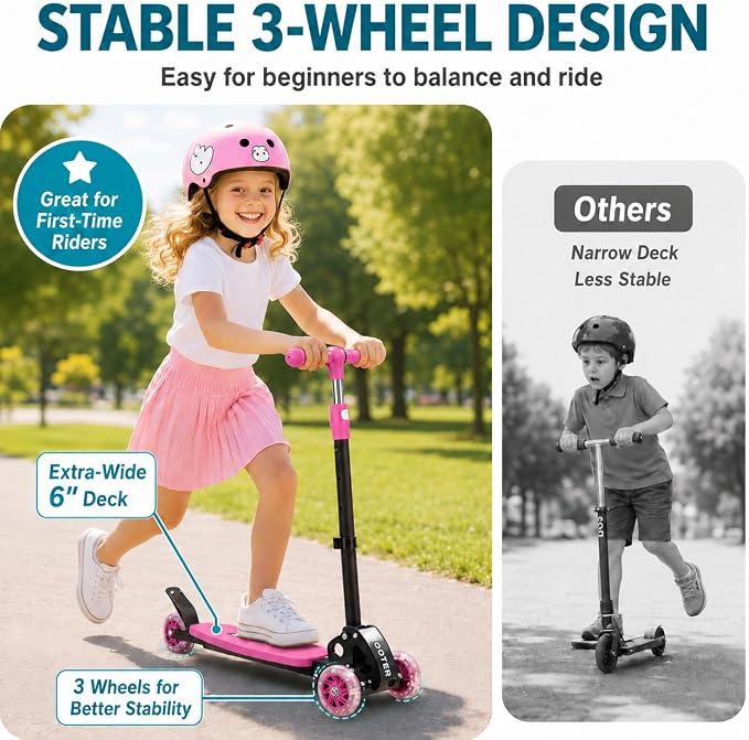 Kids Kick Scooter for 3-12,Lean-to-Steer 3 Wheel Scooter for Beginners with Light-Up Wheels,3 Adjustable Handlebar 27.5"–33",6-Inch Wide Deck,Rear Foot Brake,Foldable Scooter for Boys & Girls