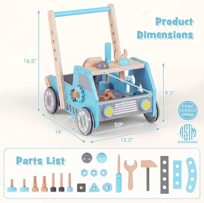 HONEY JOY Baby Push Walker, Adjustable Speed Baby Walker, Wooden Toy Tool Bench & Car Walker w/Shape Sorter, Develop Motor Skills & Creativity, Push Toys for Babies Learning to Walk, Gift (Blue)