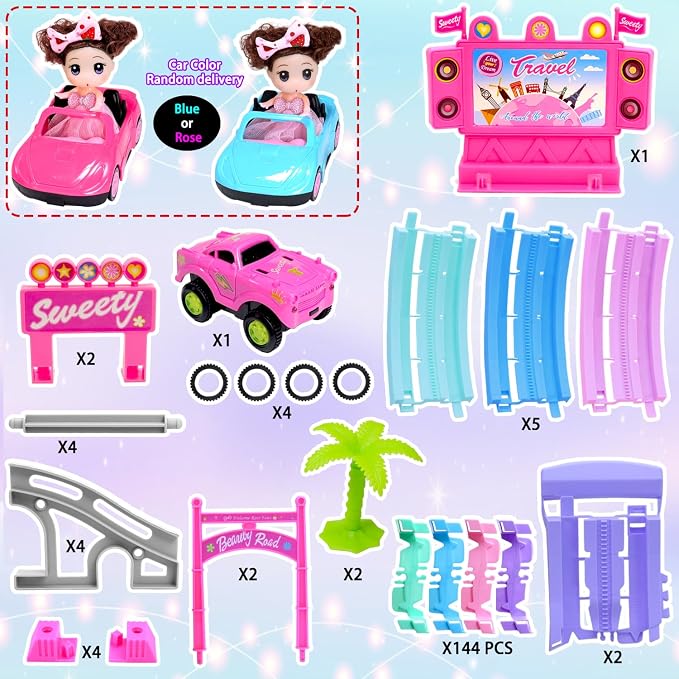 Tracks Car Toys for 3 4 5 6 Year Old Girls Kids,177 PCS 360°Rotating Track Flexible Car for Girls 3-5 Toddler Flex Track Race Cars Toys Birthday Gifts