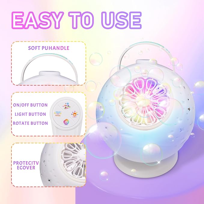 Bubble Machine for Toddlers Kids & Pets with Remote Control, Automatic Rotation & RGB Lights, Type-C Charge, Bubble Maker for Kids, Weddings, Birthday Parties, Outdoor Activities