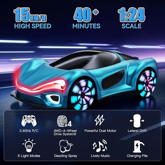 Remote Control Car,RC Cars Boys Toys for 6 7 8 9 10 11 12 Year Old 2.4GHz 360° Rotate RC Cars with Cool Lights, Music & Spray Effects Cool Birthday for Kids & Boys 6-12