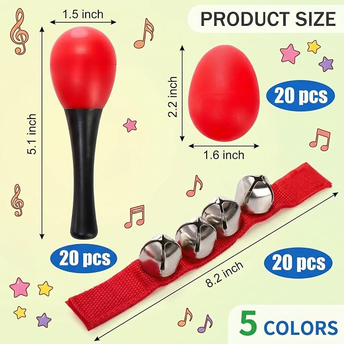 Cididu 60 Pcs Shaker Musical Instruments, 20 Pcs Kids Egg Shaker with 20 Wrist Hand Band Bells and 20 Sand Hammer Shakers, Kids Music Early Learning Percussion Toy Easter, Ideal Gift for Music Lovers