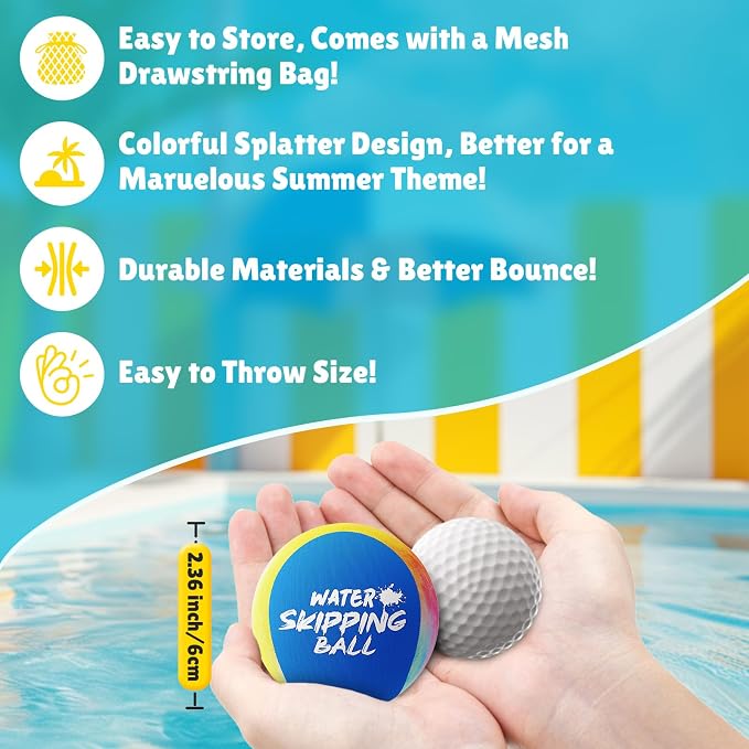 Water Skipping Ball Pool Ball Water Toy, 3 Pack Water Ball Ink-Splashed Colorful Skip Balls for Lake, Summer Beach Swim Toys Games for Boys Teens Kids and Adult Games