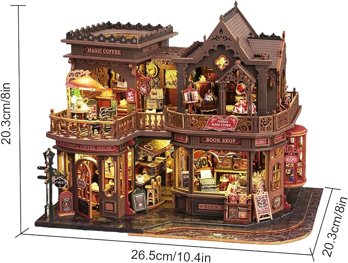 CUTEROOM DIY Miniature House Kit, Wooden Dollhouse Kit with LED Magic Tiny House Kits for Women Adult Gifts for Christmas Birthday (Book Coffee Shop)