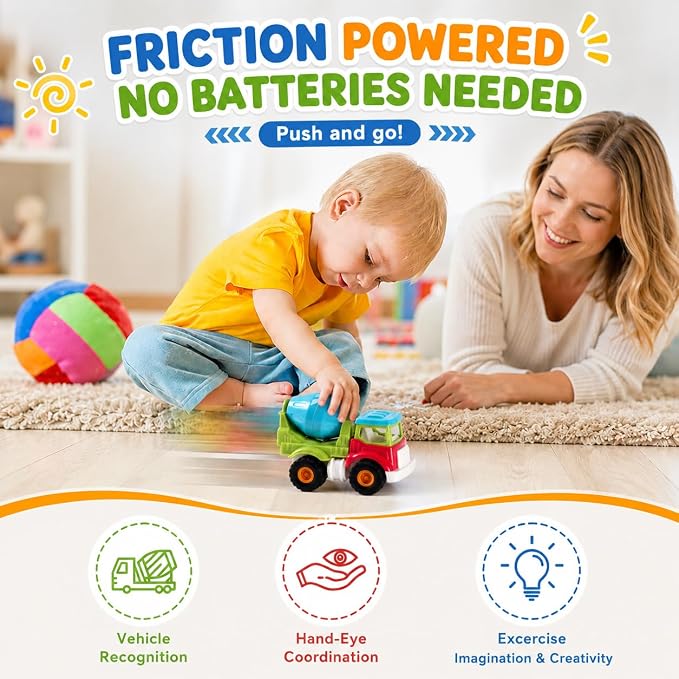 6pc Friction Construction Trucks Toy for Kids | Push and Go, Indoor Outdoor Sandbox Play, Excavator Bulldozer Dump Crane Mixer, Christmas Birthday Gift for Boys Toddlers 3-8