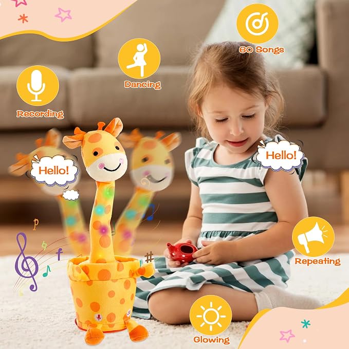 Dancing Talking Giraffe Toy, Stuffed Animal Baby Toy Repeating What You Say, Glowing Musical Giraffe Gifts for Toddlers 1-3 Years Old, for Kids (Smiling Giraffe)