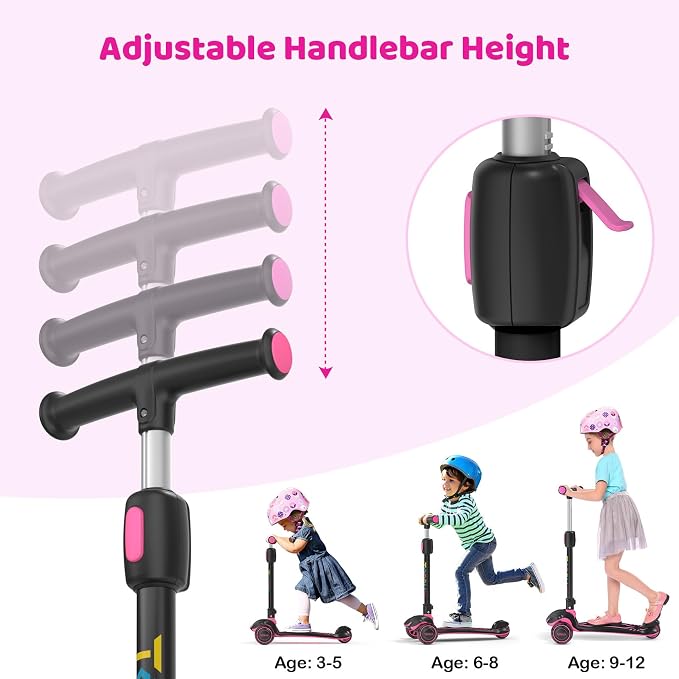TONBUX Kids Scooter, Light Up 3 Wheel Kick Scooters for Kids 3-12, Folding Scooters with Adjustable Height - Toddler Scooter Lean-to-Steer & Widen Anti-Slip Deck