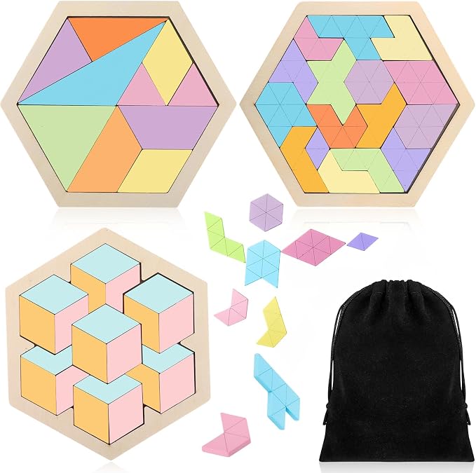 Yunsailing 3 Pack Large Wooden Blocks Puzzles Hexagon Tangram Puzzle Wooden Russian Brain Puzzles for Adult Challenge Teasers Geometric Jigsaw Logic Iq STEM Educational Gift Graduation(Fresh)