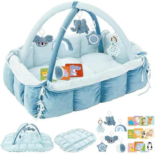 5-in-1 Plush Baby Play Gym, Baby Play Mats, Convertible Baby Gym, Tummy time mat, 6 Sensory Toys, Activity Center, Ball Pit, Blue