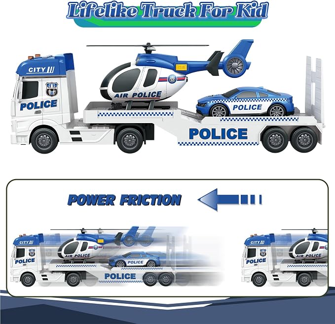 3-in-1 Police Truck Toys for Kids Ages 3-6 – 25.6 Inch Extra-Large Inertia Semi Trailer with Lights & Sounds, Detachable Light & Sound Helicopter and Police Car