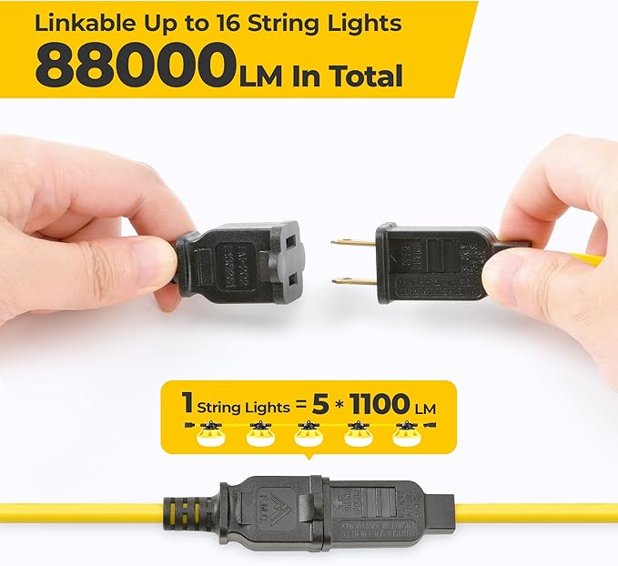 50FT Construction String Lights, 5-Light LED Work Light, 50W 5500LM, ETL Certified, 18/2 SJTW Cord, IP65 Waterproof, Linkable up to 16 Sets, for Attic, Basement, Crawlspace, Garage