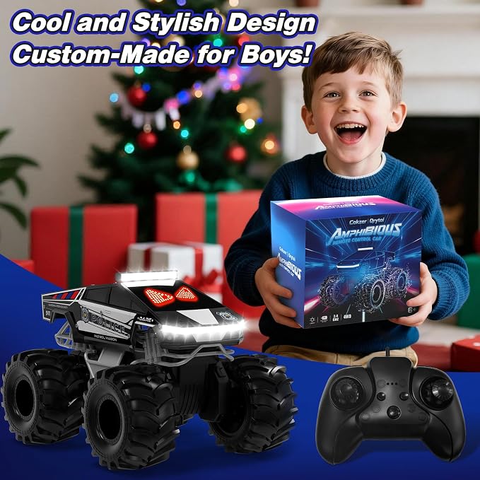 Police Remote Control Car with LED Dynamic Eyes, 1:18 Amphibious RC Cars, 4WD All Terrain Pickup, 2.4GHz Waterproof Cyber Truck, 360° Rotatable Monster Truck Toys for Boys Birthday Gifts Age 6 7 8 9+
