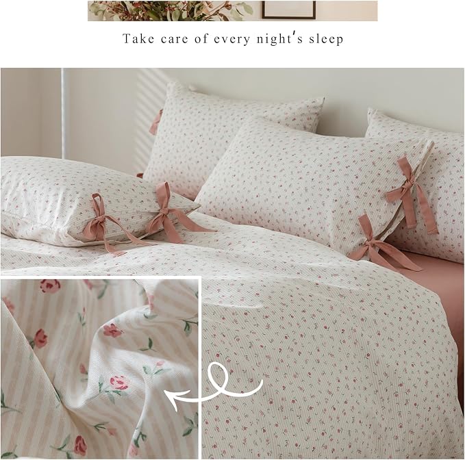 LifeTB Boho Farmhouse Comforter Set Twin XL Botanical Floral Bedding Comforter with 2 Bow Tie Pillowcases Coquette Flowers Comforter Soft Fluffy Cottagecore Floral Stripes Bedding Set for Teen Girls