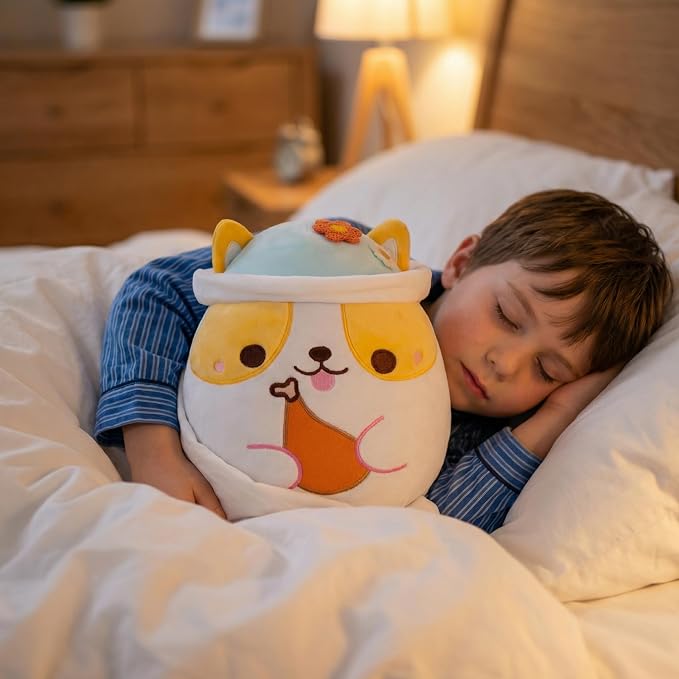 AIXINI Animal Plush Toys Set - Panda, Brown Bear, Bunny, Corgi, Pink Cat with Cute Hats, Soft Stuffed Animals for Kids, Christmas Birthday Gifts (Corgi, Medium Size)