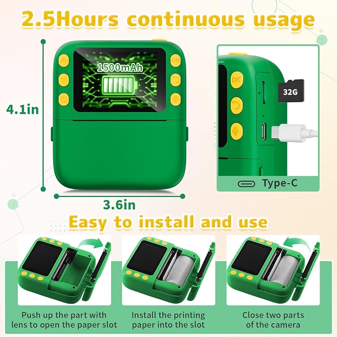 Instant Print Camera for Kids, Christmas Birthday Gifts for Girls Boys, 1080P Instant Digital Print Cameras for Toddler,Portable Toy for 4 5 6 7 8 9 10 Year Old Girl with 32GB SD Card，Green