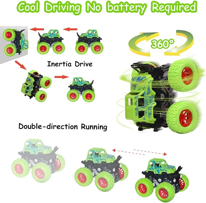 Monster Truck Toys - Friction Powered Toy Cars Push and Go Trucks Toy for Toddlers Kids Age 2-4 3-5 4-7 Best Christmas Birthday Party Children's Day Gift for Boys Girls 2 3 4 5 6 7 Year Old 4-Pack
