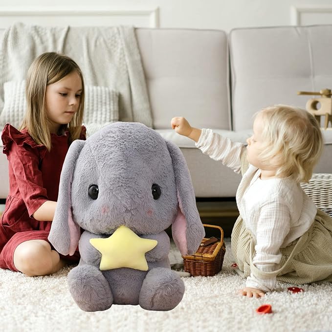 HOUPU Soft Toy - Sitting Lop Eared Rabbit, Easter White Rabbit Stuffed Bunny Animal with Carrot Soft Lovely Realistic Long-Eared Standing Pink Plush Toys (Gray-Star,25.5in/65cm)