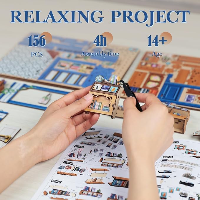 Fsolis Book Nook Kit - 3D Wooden Puzzles for Adults | DIY Miniature House Kit Tiny House Mini Booknook Bookshop Gifts for Women Teenagers (Literature Bookstore)