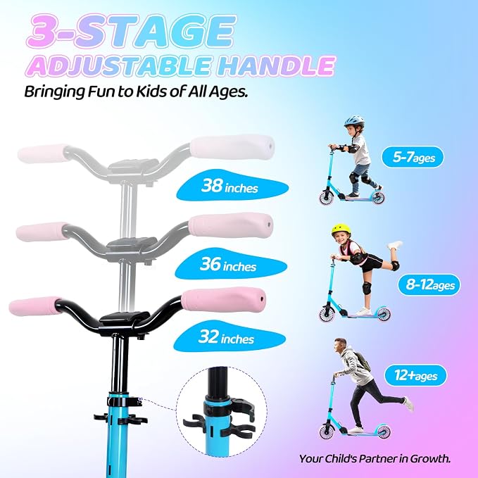 Nattork Kick Scooter for Age 6+ Kids Teens Adults, Max Load 240 LBS, Adjustable Height Foldable with 8" Large Wheels, Anti-Shock Suspension