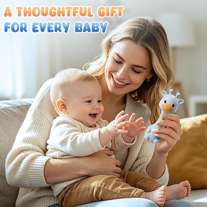 Baby Teething with Rattle Toys 3-6 6-12 Months, BPA Free Silicone Baby Teether, Infant Chew Toys for Teething Relief, Baby Gifts for Newborn Boys Girls, Easy-Grip, Blue