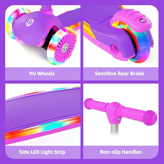 KORIMEFA Scooter for Kids Ages 3-8 with Light-Up Wheels & Deck, 3-Wheel Toddler Scooter with Adjustable Height, Anti-Slip Deck, Lean-to-Steer