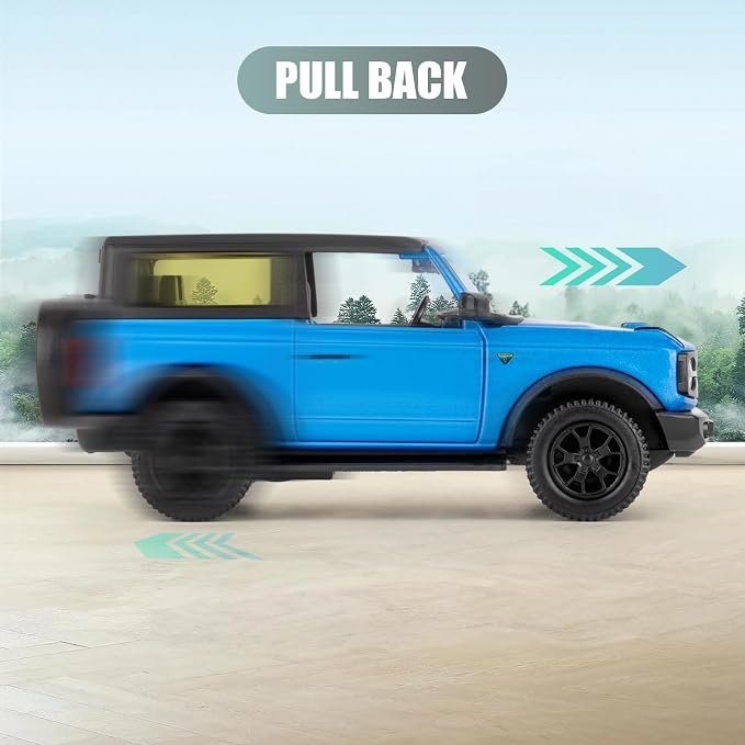 1:36 Ford Bronco Badlands 2dr Toy Car, Diecast Pull Back Model Car, Doors Open, Collection Kids Toy for Aged 3 and up, Gift Blue