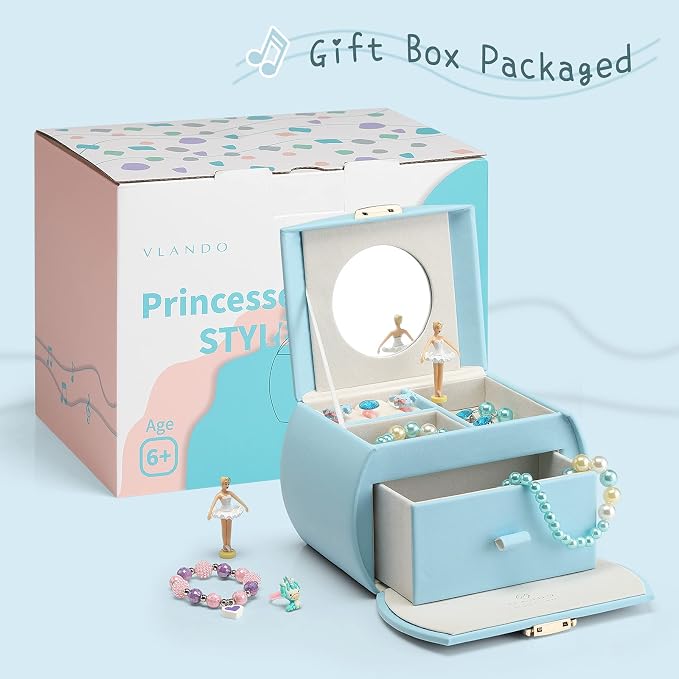 VLANDO Kids Musical Jewelry Box for Girls with Drawer, Music Box with Ballerina and Stickers for Birthday Bedroom Decor, Gifts for Girls Kids Christmas Thanksgiving Gifts 2023 - Blue