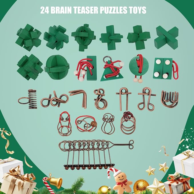 24 Pcs Brain Teaser Puzzles for Adults Teens - Wooden Puzzles 3D Puzzle Game Toys for Adults Teens - Unlock Interlocking Puzzle Adult IQ Education Smart Toys