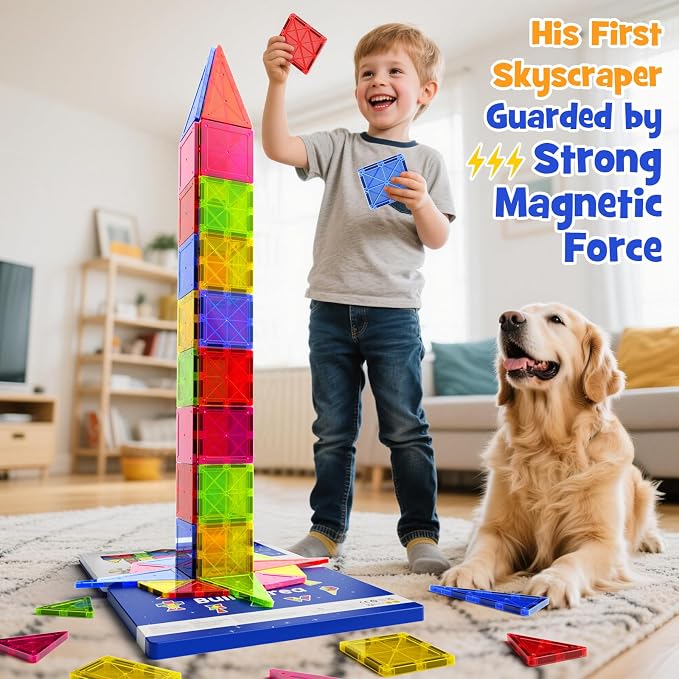 Jumbo Magnetic Tiles with Secure Metal Case, 32 Pcs Large Magnetic Building Blocks for Kids 3-8, STEM Toys for Toddlers, Preschool Learning Montessori Toys, Age 3+ Boy Girl Gift