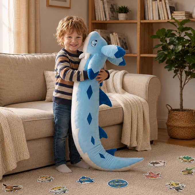 56-PCS Chillet Plush Toy Set | 1 Blue Chillet Plush + 55 Palw0rid Themed Stickers | 47 Inch Ultra Soft Dragon Stuffed Creature Figure | Cute Dino Stuffed Animal Pillow | Ideal Gift for Game Enthusiast