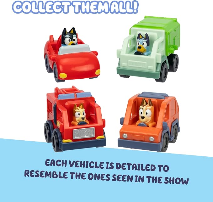 Bluey Mini Racers Vehicles Set of 4, Garbage Truck, Convertible, Family Car, and Firetruck, Small Toy Cars, Toddler Toys for Ages 3+