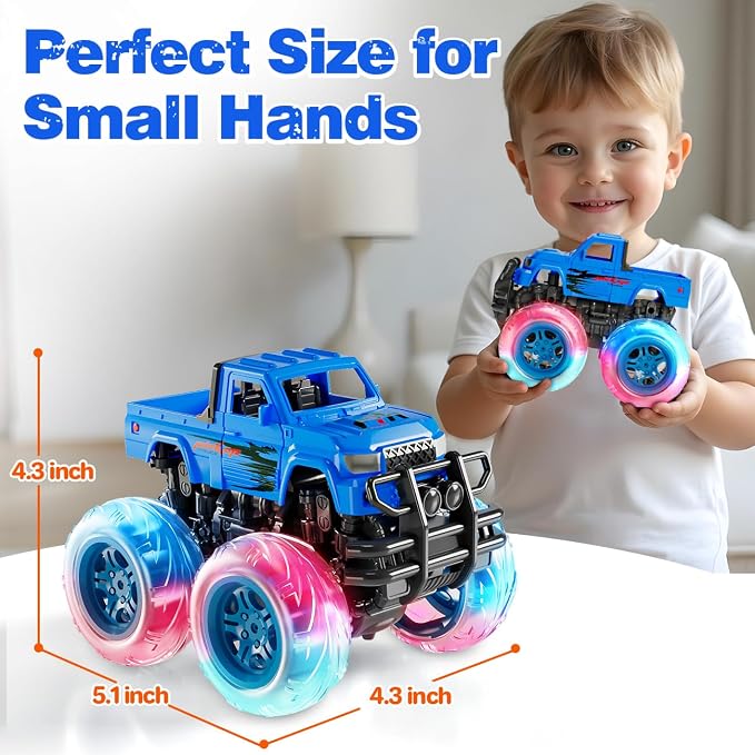 LODBY Monster Trucks Toys for Toddlers, Light-Up Trucks & Cars Toys for 2 3 4 5 6 Year Old Boy Christmas Birthday Gifts, Kids Push and Go Cars with Flashing Wheels (2 Pack)
