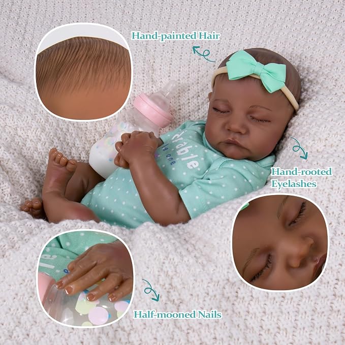 Aori Lifelike Reborn Baby Dolls Black - 18-Inch Realistic Newborn Baby Dolls Black American Real Life Babies Dolls Cloth Body with Feeding Kit & Gift Box for Kids Age 3+