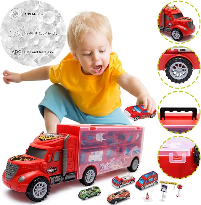 Toddler Toys for 3-4 Year Old Boys,Large Transport Cars Carrier Set Truck Toys with 12-in-1 Vehicles Truck Toys Cars,Ideal Christmas Easter Gifts Toys for Kids Age 3-7,Red