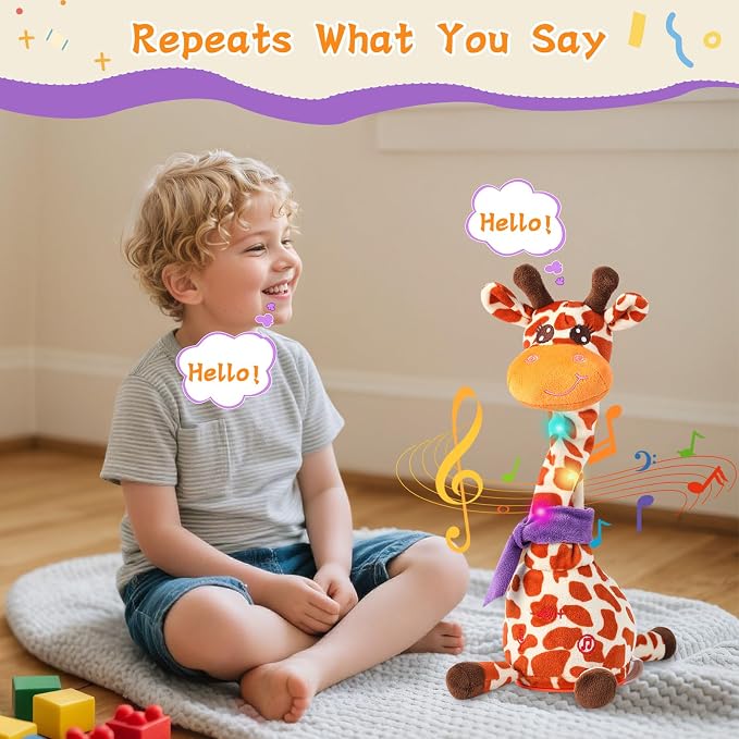 Dancing Talking Giraffe Toy, Stuffed Animal Baby Toy Repeating What You Say, Glowing Musical Giraffe Gifts for Toddlers 1-3 Years Old, for Kids (New Giraffe)