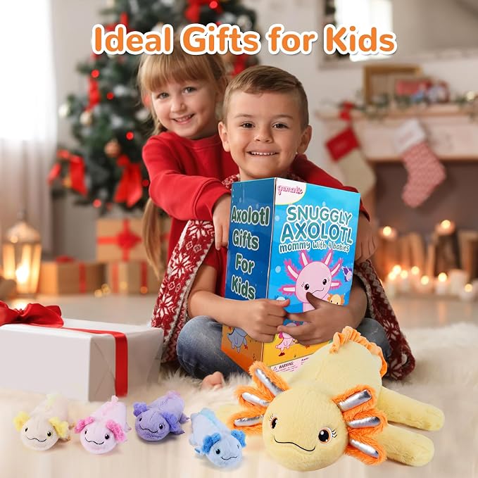 gnomantic Axolotl Stuffed Animals with Babies Inside, Mommy Toy for Kids | 5-Piece set: 1 mommy axolotl + 4 baby axolotls inside. Unzip belly to reveal surprise babies. Ultra-soft, ages 3-8.