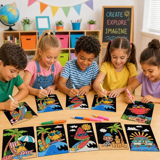 Cinrobiye 48 Pcs Summer Velvet Coloring Posters Bulk Tropical Beach Fuzzy Coloring Pages Craft Kit with Ocean Pineapple Sunshine Designs for Classroom Group Activities Living Party Favors Holiday