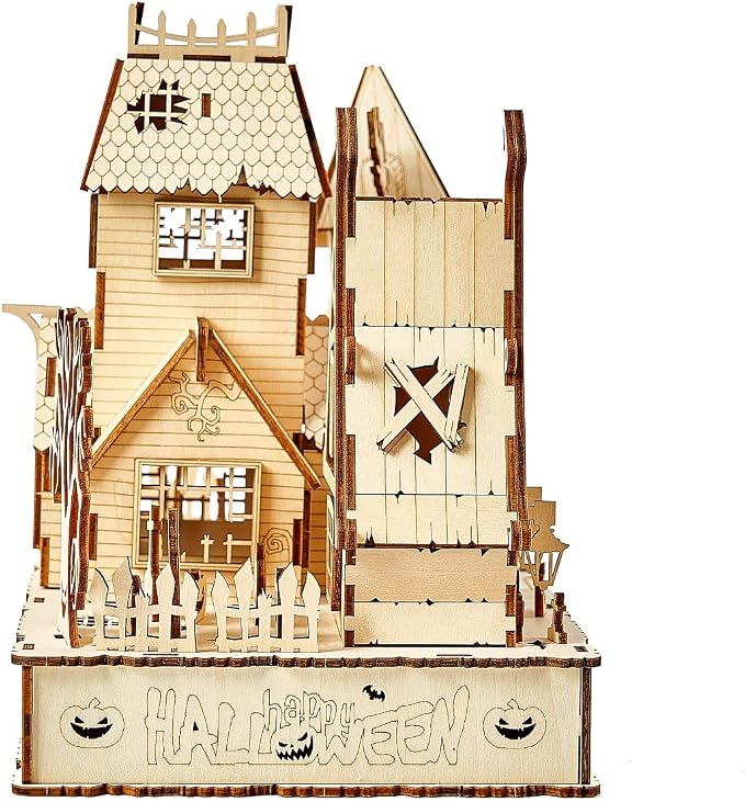 3D Wooden Puzzles Halloween House Kits Includes Light Strip, Brainteaser and Puzzle for Halloween/Birthday,Gifts for Adults and Teens to Build Combination