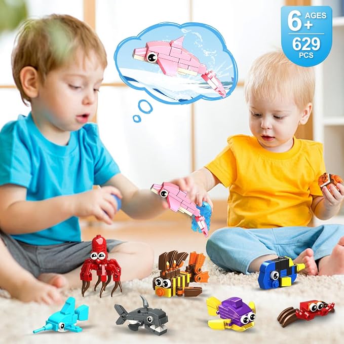 HOGOKIDS 24 Pack Party Favors for Kids Building Set - 629PCS Mini Marine Animals Blocks Toy for Easter Valentines Day Goodie Bag Stuffers Classroom Prizes Gifts fo Kids Boy Girl Student Ages 6-12
