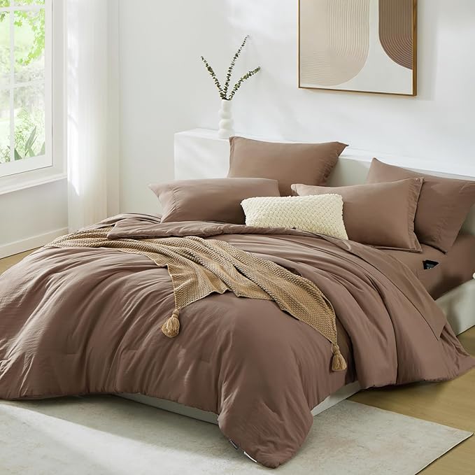 WRENSONGE King Size Comforter Set- 7 Pieces Soft Brown Bed in a Bag King with Fitted Sheet, Flat Sheet, 2 Pillow Shams, and 2 Pillowcases-Warm Bedding Sets for All Season