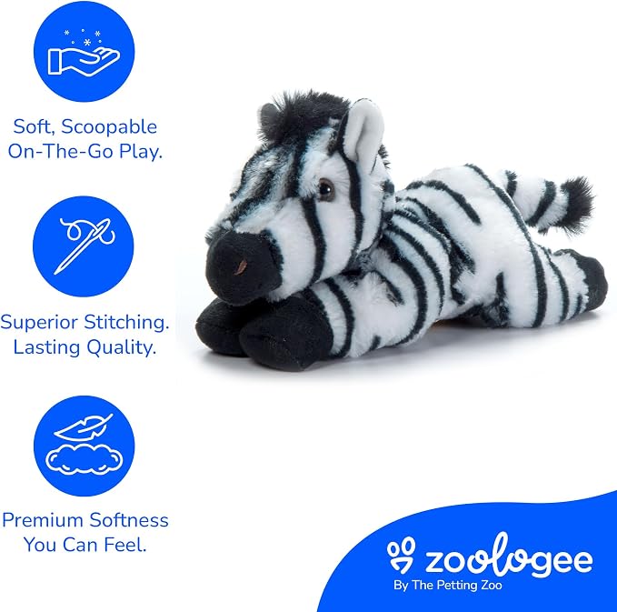 The Petting Zoo Zebra Stuffed Animal Plushie, Gifts for Kids, Scoopz Wildlife Animals, Zebra Plush Toy, 8 inches